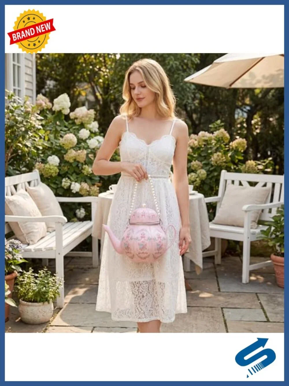 Novelty Teapot Shaped Purse, Faux Leather Floral Handbag with Pearl Chain,